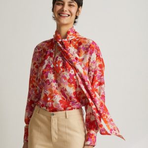 Camicia Uma in seta a fiori arancio e rosa