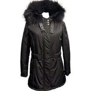 Raphael – Parka nero donna in tessuto tecnico e pelle con collo in murmasky – 46