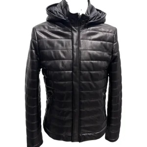 Raphael – Giubbotto in pelle nera con cappuccio removibile – 48