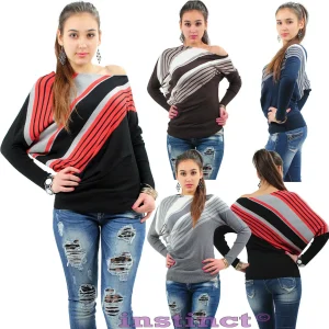 ❤ Maglione donna pullover righe costine asimmetrico pipistrello bicolore ❤