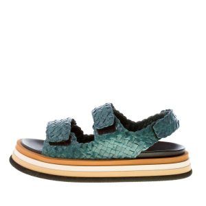 PONS QUINTANA (Mariacristina) donna sandalo platform Caiman in pelle intrecciata PETROLIO. Tacco 4 cm