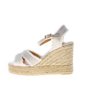 CASTANER donna sandalo zeppa Bromelia in lino metallizzato BIANCO con iuta. Tacco 10 cm