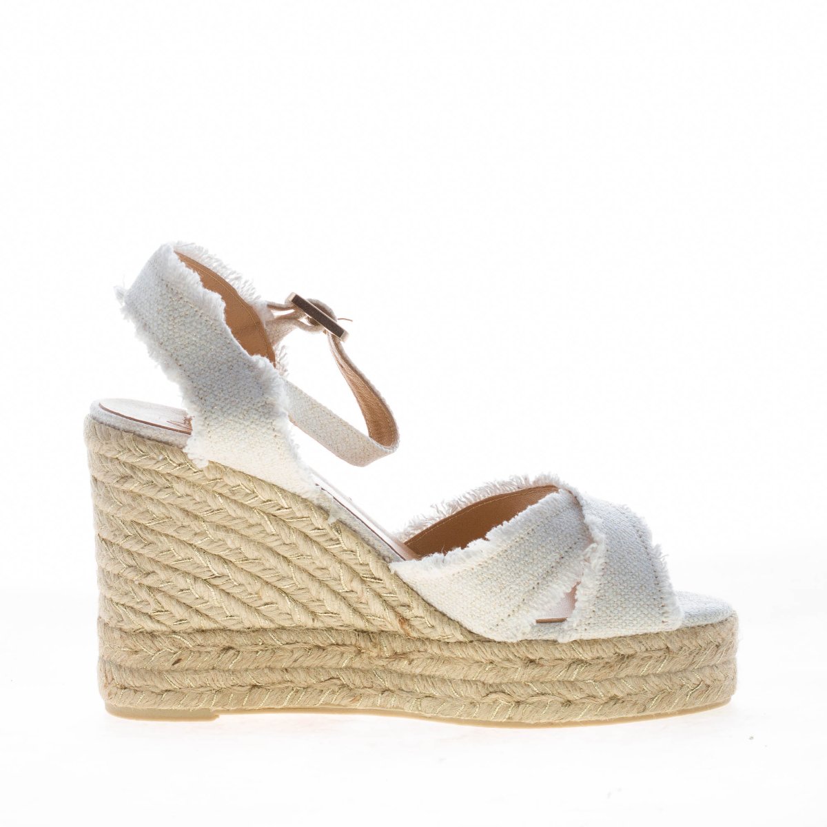 CASTANER donna sandalo zeppa Bromelia in lino metallizzato BIANCO con iuta. Tacco 10 cm - immagine 5