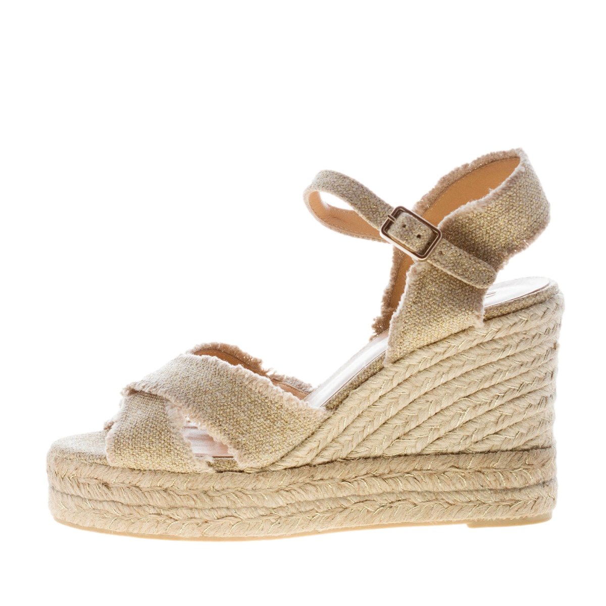 CASTANER donna sandalo zeppa Bromelia in lino metallizzato ORO CHIARO con iuta. Tacco 10 cm - immagine 2