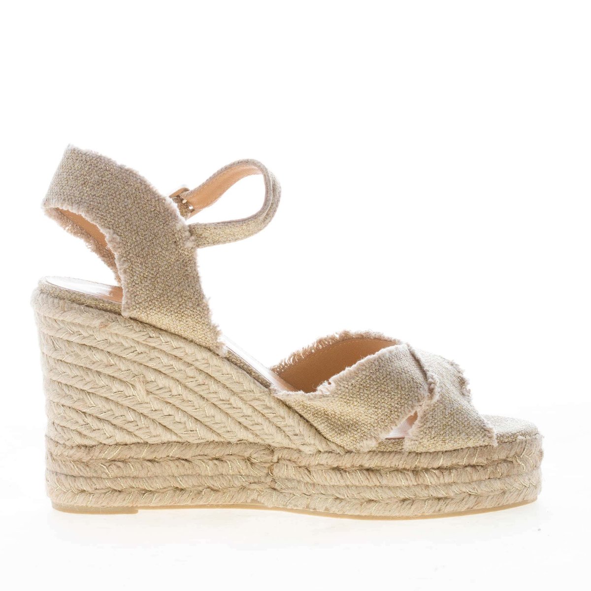 CASTANER donna sandalo zeppa Bromelia in lino metallizzato ORO CHIARO con iuta. Tacco 10 cm - immagine 5