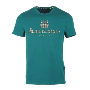 Aquascutum – T-shirt in cotone verde petrolio logo grande QTM003