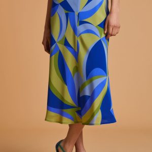 Gonna Ottavia in seta fantasia verde e bluette