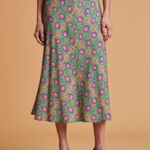 Gonna Ottavia in viscosa stampata verde rosa e viola