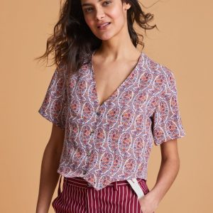 Top Lola in seta panna con stampa provenzale nocciola