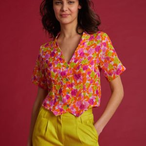 Top Lola in organza fiorata arancione giallo e rosa