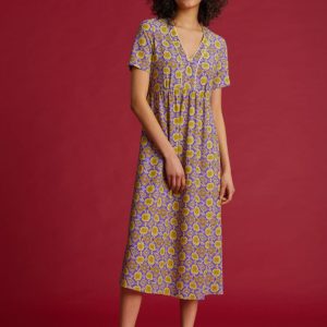 Abito Pilar fantasia viola e giallo senape