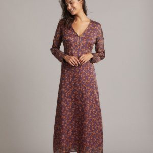 Abito Frida in seta color prugna stampa arancio