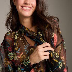 Camicia Uma in chiffon nero a fiori multicolor