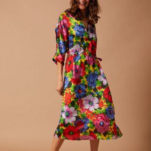 Abito Giada in seta a fiori su fondo giallo