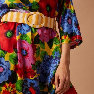 Cintura alta con fibbia ovale in cotone a righe gialle