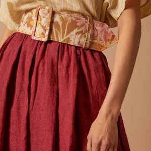 Cintura alta in canvas di cotone a fiori su fondo nocciola