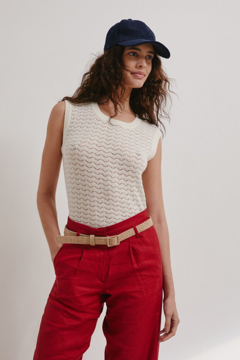 Top in cachemire traforato panna