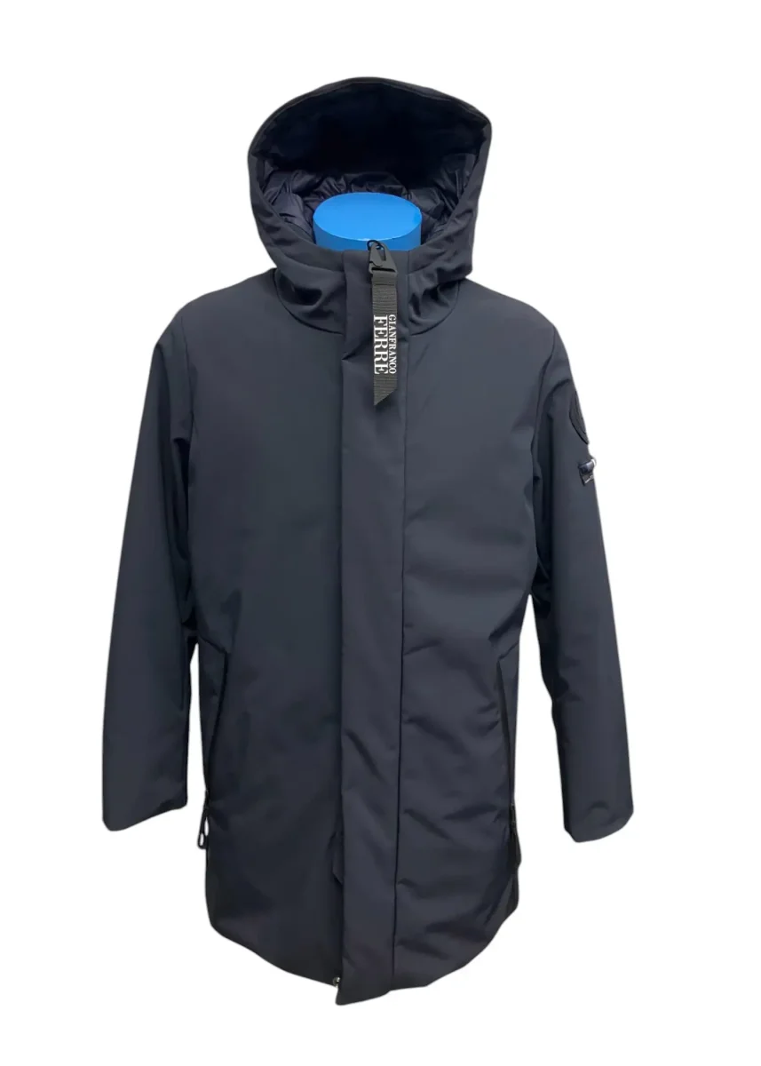 Gianfranco Ferrè – S – Piumino con cappuccio in misto di materiali blu scuro uomo