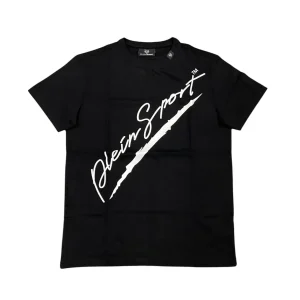 Plein Sport – S – T-shirt in cotone elasticizzato nero con stampa bianco