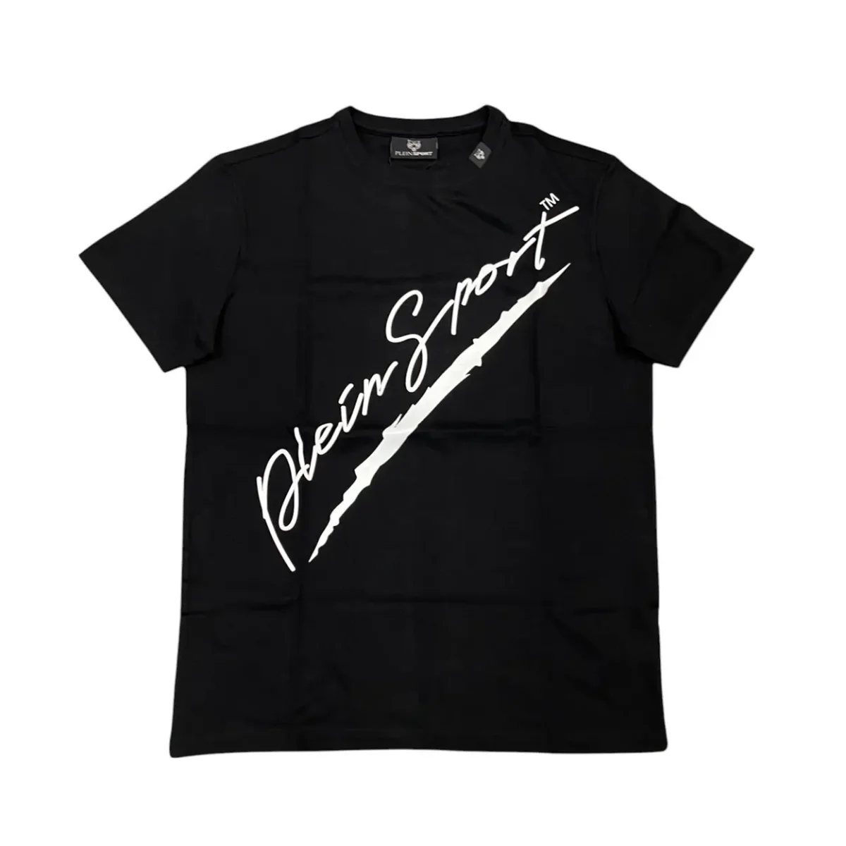 Plein Sport – S – T-shirt in cotone elasticizzato nero con stampa bianco