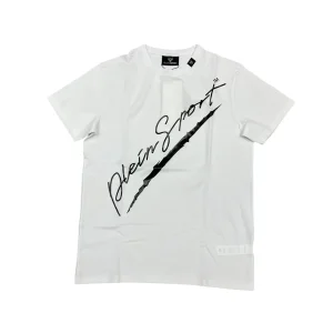 Plein Sport – S – T-shirt in cotone elasticizzato bianco con stampa nero