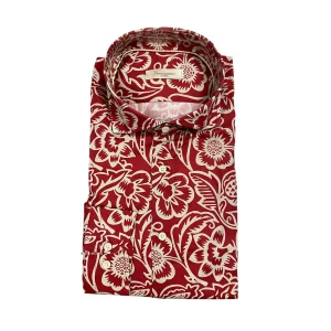 Veneziano – Camicia slim in cotone fantasia fiorito grigio su sfondo rosso Phiea