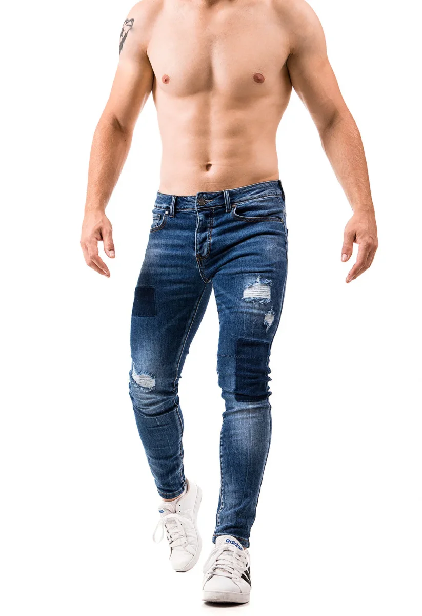 Skinny Jeans Uomo Strappati Slim Fit Pantalone con Strappi Stretto Stretch Blu - immagine 3