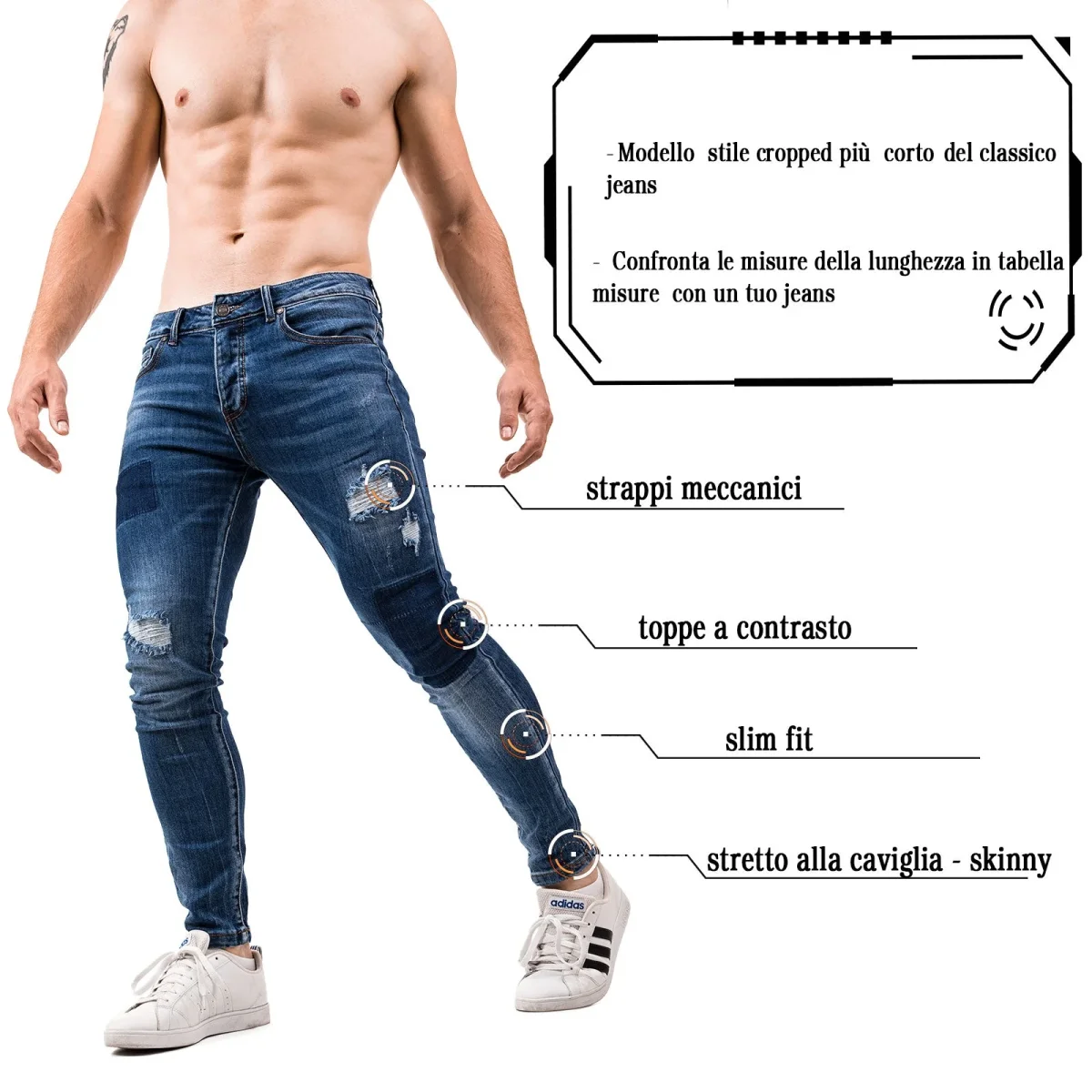 Skinny Jeans Uomo Strappati Slim Fit Pantalone con Strappi Stretto Stretch Blu - immagine 4