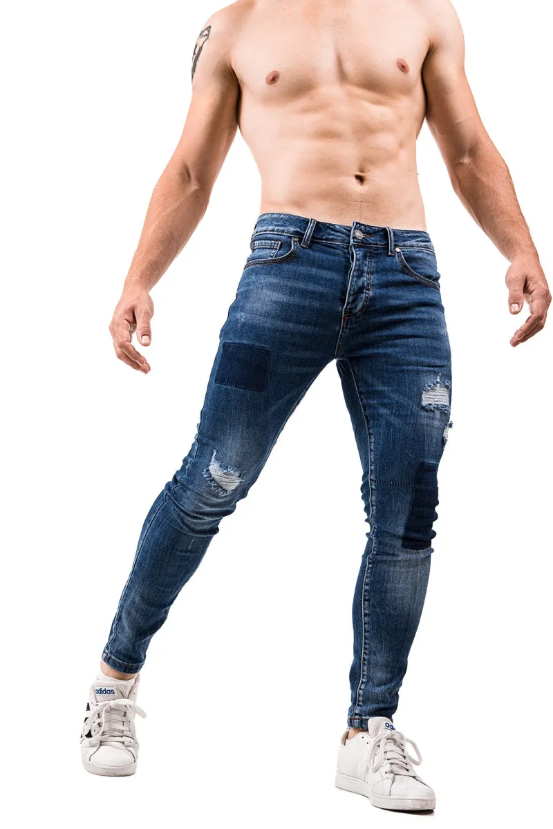 Skinny Jeans Uomo Strappati Slim Fit Pantalone con Strappi Stretto Stretch Blu - immagine 5