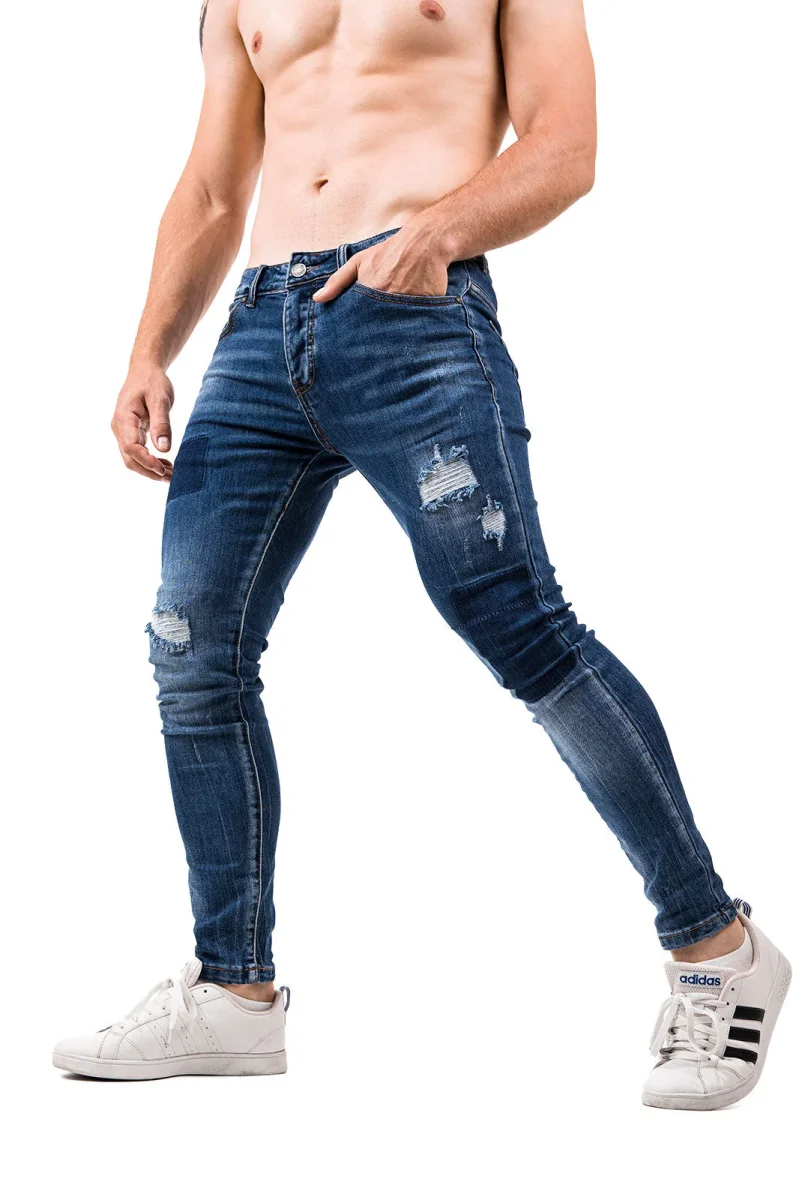 Skinny Jeans Uomo Strappati Slim Fit Pantalone con Strappi Stretto Stretch Blu - immagine 6