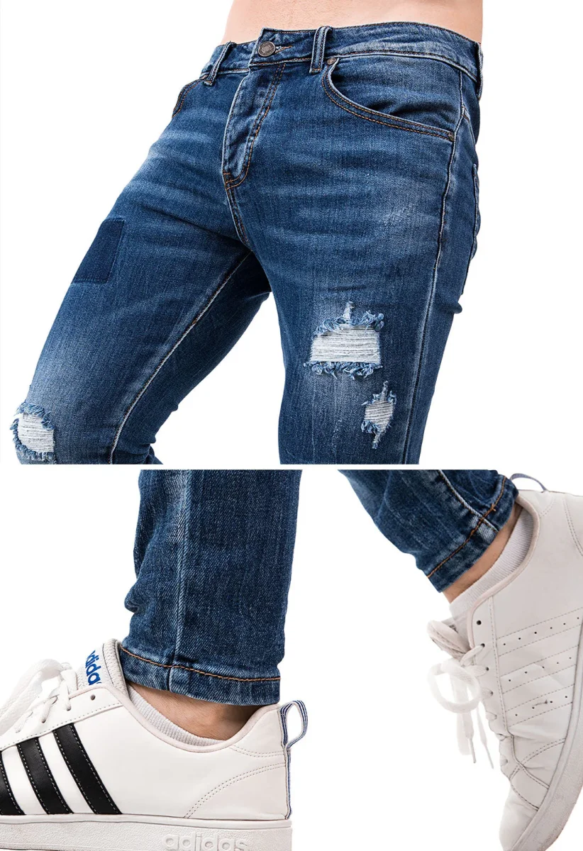 Skinny Jeans Uomo Strappati Slim Fit Pantalone con Strappi Stretto Stretch Blu - immagine 9