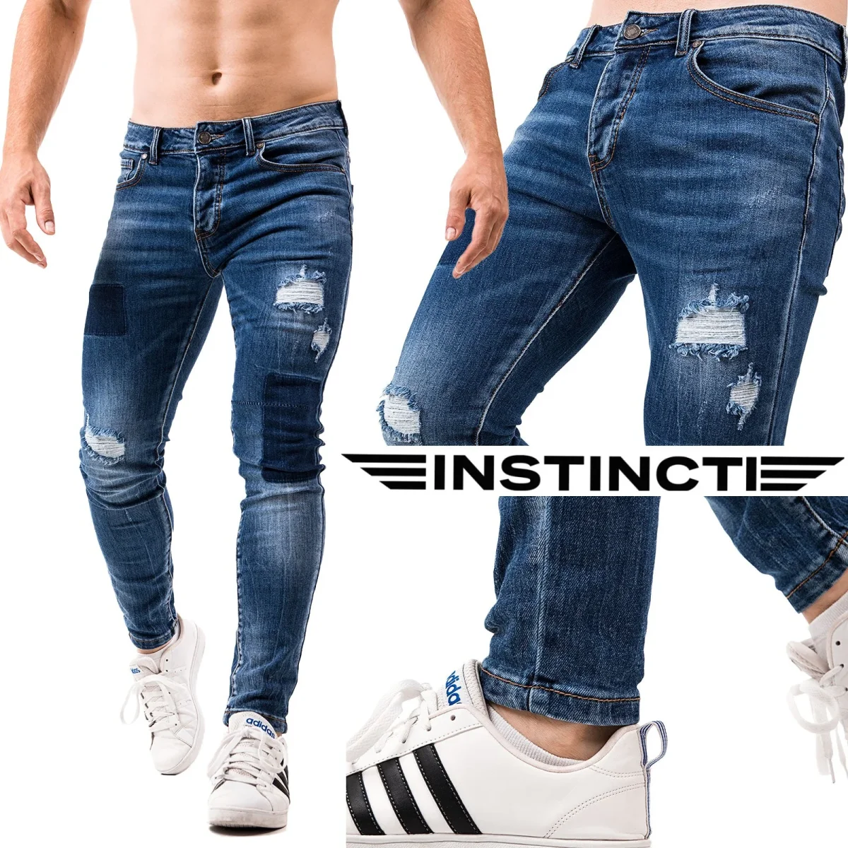 Skinny Jeans Uomo Strappati Slim Fit Pantalone con Strappi Stretto Stretch Blu - immagine 2