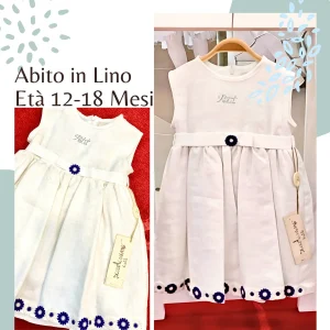 Abito Bimba in Lino Bianco con Fiori Blu