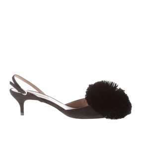 AQUAZZURA donna slingback Powder Puff in camoscio NERO con maxi pompon. Tacco 4,5 cm