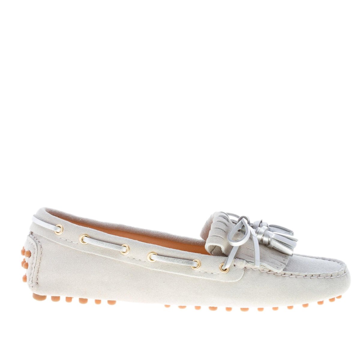 CAR SHOE donna mocassino driving in camoscio GRIGIO CHIARO con nappe argento - immagine 2
