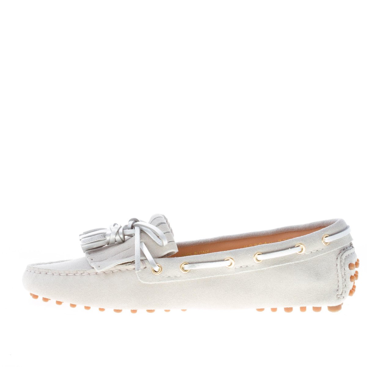 CAR SHOE donna mocassino driving in camoscio GRIGIO CHIARO con nappe argento - immagine 6