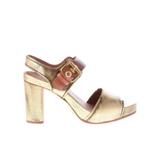 CAR SHOE sandalo con fibbia alla caviglia in pelle ORO anticato più cuoio. Tacco 10 cm. Plateau 2 cm