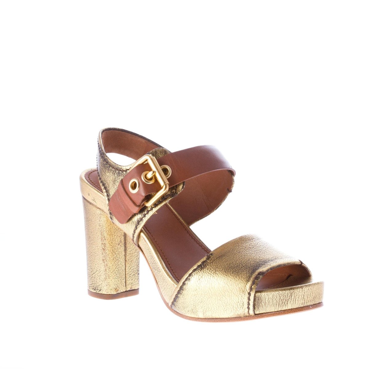 CAR SHOE sandalo con fibbia alla caviglia in pelle ORO anticato più cuoio. Tacco 10 cm. Plateau 2 cm - immagine 3