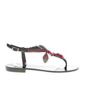 EMANUELA CARUSO donna sandalo basso infradito in pelle NERO con snake e pietre rosso. Tacco 1 cm