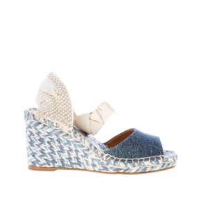 CHLOE’ donna sandalo zeppa Piia in tessuto denim Blu e rafia con laccetto alla caviglia ecru. Zeppa 8 cm
