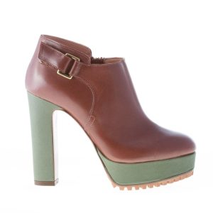 L’AUTRE CHOSE donna tronchetto in pelle MARRONE con plateau e tacco verde. Tacco 12 cm