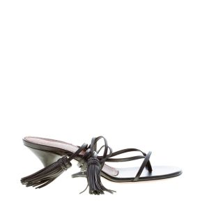 L’AUTRE CHOSE donna sandalo infradito in pelle NERO con laccio alla caviglia e nappe. Tacco 5 cm