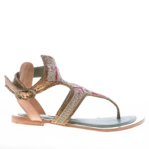 MEHER KAKALIA donna sandalo infradito basso in pelle crettata ORO e ricami multicolore