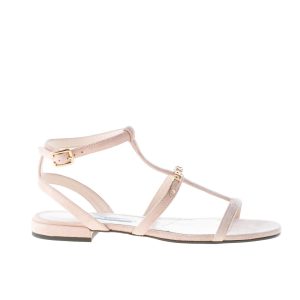 PRADA donna sandalo flat in camoscio NUDE con cinturino e logo dorato