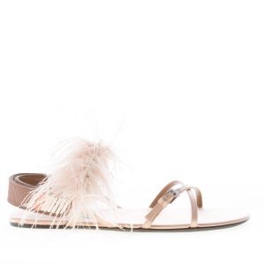 PRADA donna sandalo basso in raso NATURALE con applicazione piume. Suola in cuoio