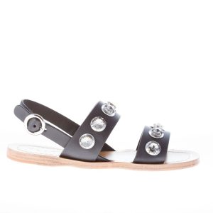 PRADA donna sandalo basso in pelle NERO con anelli di cristallo