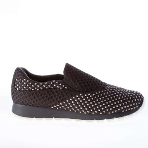 PRADA donna slip on BEE in tessuto tecnico a nido d’ape NERO con borchie