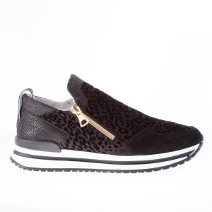 QUATTROBARRADODICI donna slip on sneaker con zip in tessuto NERO stampa animalier