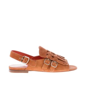 SANTONI donna sandalo basso in camoscio MARRONE con maxi frangia e fibbie. Tacco 1,5 cm