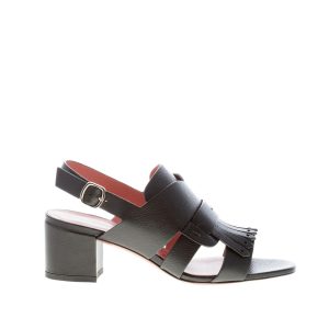 SANTONI donna sandalo in pelle martellata NERO con fascia accollata e frangia. Tacco 5,5 cm